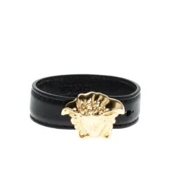 Versace Medusa Black Leather Gold Tone Bracelet For Women