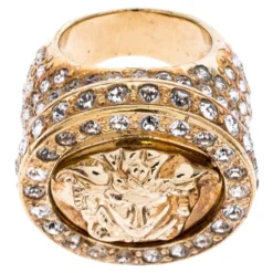 Versace Gold Tone And Crystal Studded Medusa Ring Size 54 For Women -Versace Official Website luxury women versace used accessories p245722 003