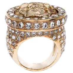 Versace Gold Tone And Crystal Studded Medusa Ring Size 54 For Women -Versace Official Website luxury women versace used accessories p245722 004