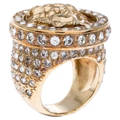 Versace Gold Tone And Crystal Studded Medusa Ring Size 54 For Women