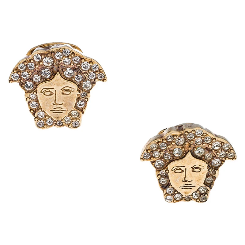 Versace Medusa Crystal Studded Gold Tone Clip-on Stud Earrings For Women 3 Versace Medusa Crystal Studded Gold Tone Clip-on Stud Earrings For Women - Image 3