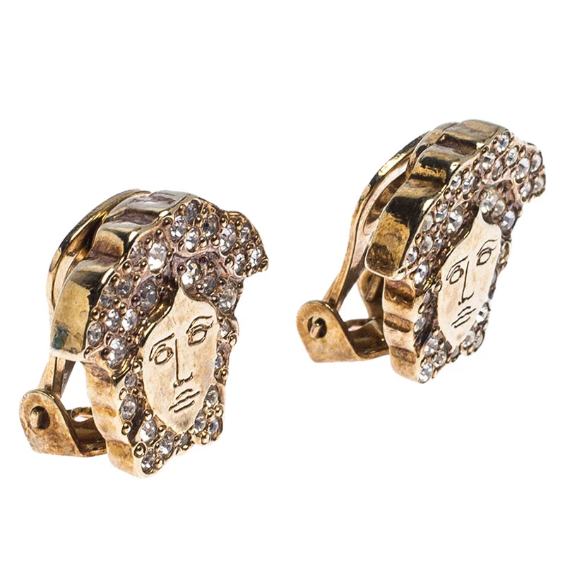Versace Medusa Crystal Studded Gold Tone Clip-on Stud Earrings For Women 2 Versace Medusa Crystal Studded Gold Tone Clip-on Stud Earrings For Women - Image 2