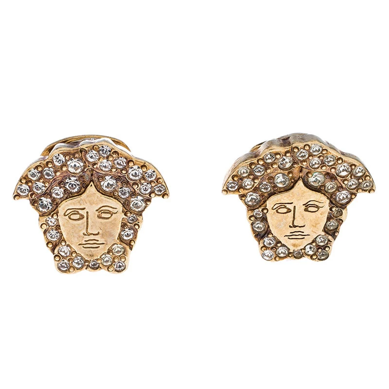 Versace Medusa Crystal Studded Gold Tone Clip-on Stud Earrings For Women 1 Versace Medusa Crystal Studded Gold Tone Clip-on Stud Earrings For Women