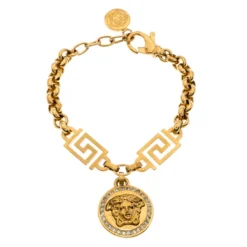 Versace Gold Tone Crystal Medusa Medallion Greca Chain Bracelet For Women