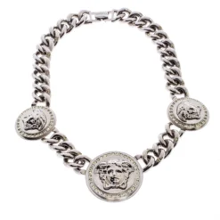 Versace Iconic Medusa Medallion Crystal Silver Tone Chain Link Statement Necklace For Women