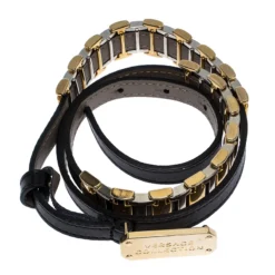 Versace Black Leather And Metal Detail Slim Logo Belt 95CM For Women -Versace Official Website luxury women versace used accessories p258548 004