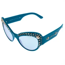Versace Turquoise Blue/Silver Mirrored 4269 Studded Cat Eye Sunglasses For Women -Versace Official Website luxury women versace used accessories p261495 002