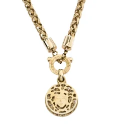 Versace Gold Tone Crystal And Medusa Charm Woven Chain Toggle Necklace For Women