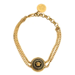Versace Medusa Enamel Gold Tone Round Charm Chain Bracelet For Women