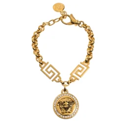 Versace Crystal Medusa Medallion Greca Gold Tone Chain Bracelet For Women