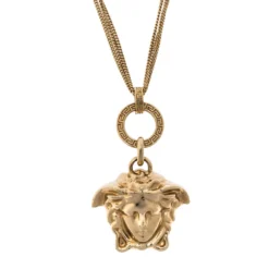 Versace Gold Tone Triple Chain Medusa Pendant Necklace For Women