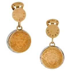 Versace Two Tone Crystal Halo Medusa Drop Clip On Earrings For Women -Versace Official Website luxury women versace used accessories p374079 001