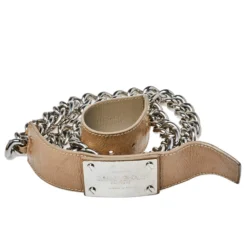 Versace Beige Patent Leather And Chain Logo Plaque Belt 85CM For Women -Versace Official Website luxury women versace used accessories p384200 002