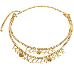 Versace Gold Tone Logo & Medusa Charms Chain Belt For Women