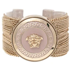 Versace Pink Enamel Medusa Icon Gold Tone Multi Strand Vanitas Bracelet For Women