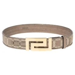 Versace Metallic Grey Signature Fabric And Leather Trim Greca Buckle Belt 80CM For Women