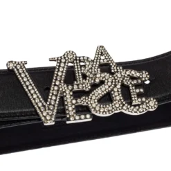Versace Black Leather Crystal Embellished Logo Buckle Belt 75CM For Women -Versace Official Website luxury women versace used accessories p533059 001