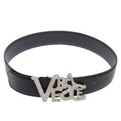 Versace Black Leather Crystal Embellished Logo Buckle Belt 75CM For Women
