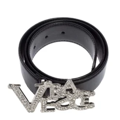 Versace Black Leather Crystal Embellished Logo Buckle Belt 75CM For Women -Versace Official Website luxury women versace used accessories p533059 006