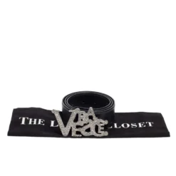 Versace Black Leather Crystal Embellished Logo Buckle Belt 75CM For Women -Versace Official Website luxury women versace used accessories p533059 008