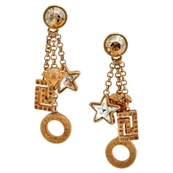 Versace Gold Tone Crystal Star & Medusa Drop Earrings For Women -Versace Official Website luxury women versace used accessories p569227 001