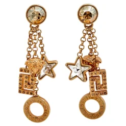 Versace Gold Tone Crystal Star & Medusa Drop Earrings For Women