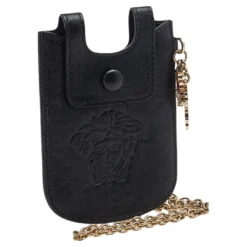 Versace Black Leather Phone Holder For Women -Versace Official Website luxury women versace used accessories p600812 006