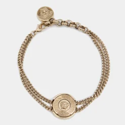 Versace Gold Tone Medusa Round Charm Double Chain Bracelet For Women
