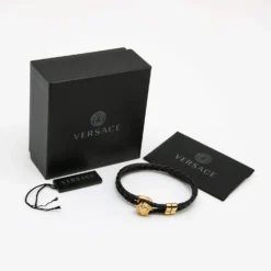 Versace Medusa Black Leather Gold Tone Metal Bracelet For Women -Versace Official Website luxury women versace used accessories p643459 001
