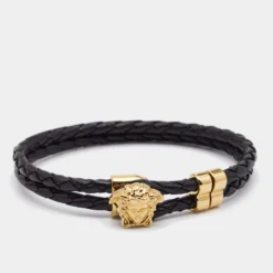 Versace Medusa Black Leather Gold Tone Metal Bracelet For Women