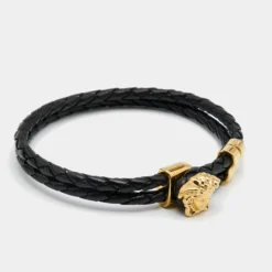Versace Medusa Black Leather Gold Tone Metal Bracelet For Women -Versace Official Website luxury women versace used accessories p643459 003