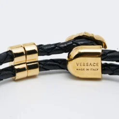 Versace Medusa Black Leather Gold Tone Metal Bracelet For Women -Versace Official Website luxury women versace used accessories p643459 004