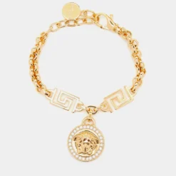 Versace Gold Tone Greca Crystal Embellished Icon Medusa Bracelet For Women
