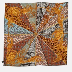 Versace Gold Multi Motif Print Silk Scarf For Women