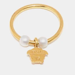 Versace Medusa Faux Pearl Gold Tone Ring Size 53 For Women -Versace Official Website luxury women versace used accessories p672302 001