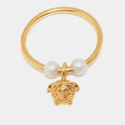Versace Medusa Faux Pearl Gold Tone Ring Size 53 For Women -Versace Official Website luxury women versace used accessories p672302 002