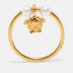 Versace Medusa Faux Pearl Gold Tone Ring Size 53 For Women -Versace Official Website luxury women versace used accessories p672302 006