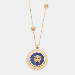 Versace Icon Medusa Lapis Lazuli Gold Tone Pendant Necklace For Women