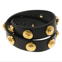 Versace Icon Medusa Stud Gold Tone Black Leather Wrap Bracelet For Women