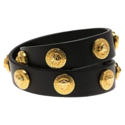 Versace Icon Medusa Stud Gold Tone Black Leather Wrap Bracelet For Women -Versace Official Website luxury women versace used accessories p68603 003