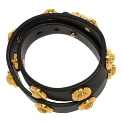 Versace Icon Medusa Stud Gold Tone Black Leather Wrap Bracelet For Women -Versace Official Website luxury women versace used accessories p68603 004