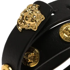 Versace Icon Medusa Stud Gold Tone Black Leather Wrap Bracelet For Women -Versace Official Website luxury women versace used accessories p68603 005