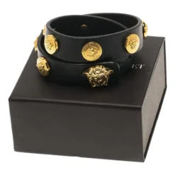 Versace Icon Medusa Stud Gold Tone Black Leather Wrap Bracelet For Women -Versace Official Website luxury women versace used accessories p68603 006
