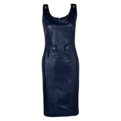 Versace Navy Blue Logo Detail Sleeveless Leather Dress S For Women