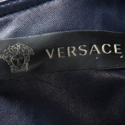 Versace Navy Blue Logo Detail Sleeveless Leather Dress S For Women -Versace Official Website luxury women versace used clothes p112433 0005