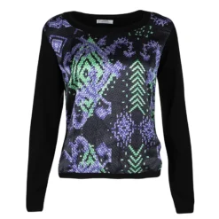 Versace Collection Black Knit Printed Silk Panel Detail Long Sleeve Top M For Women