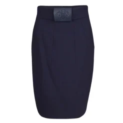 Versace Navy Blue Wool Medusa Leather Patch Detail Pencil Skirt M For Women