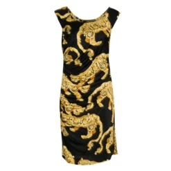 Versace Collection Black And Gold Cat Print Sleeveless Draped Dress M For Women