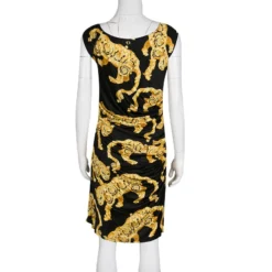 Versace Collection Black And Gold Cat Print Sleeveless Draped Dress M For Women -Versace Official Website luxury women versace used clothes p133604 0003