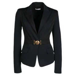 Versace Collection Navy Blue Contrast Panel Buckle Detail Blazer S For Women